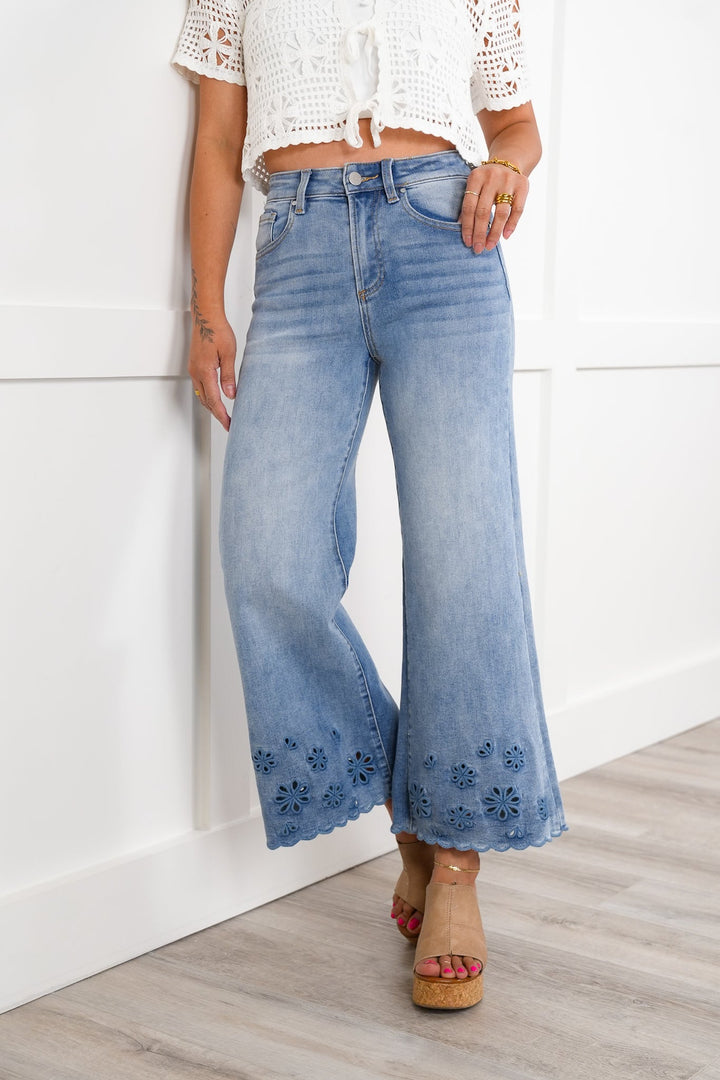 Risen High Rise Medium Wash Cropped Wide Cut Jeans with Flower Cut Out Detail