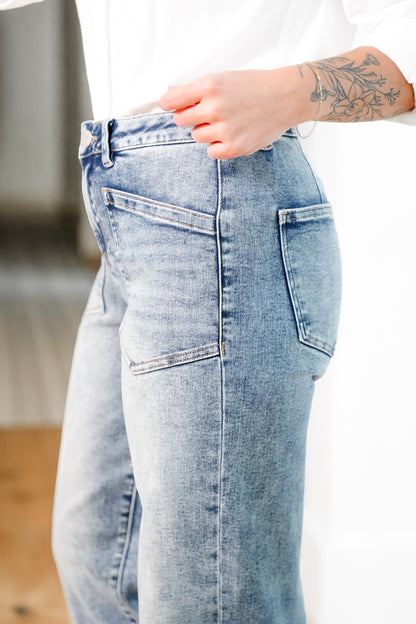 Risen Mid Rise Medium Wash Relaxed Fit Baggy Jeans with Patch Pockets