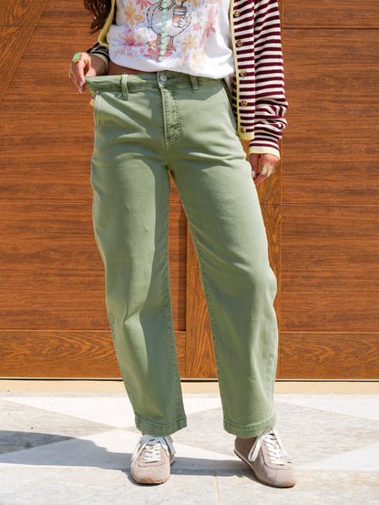 Risen Mid Rise Olive Tummy Control Barrel Jeans - Freckled Poppy