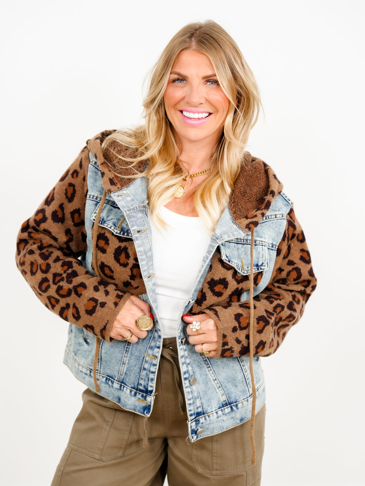 Contrast Animal Print Sleeve Hooded Jacket With Pockets
