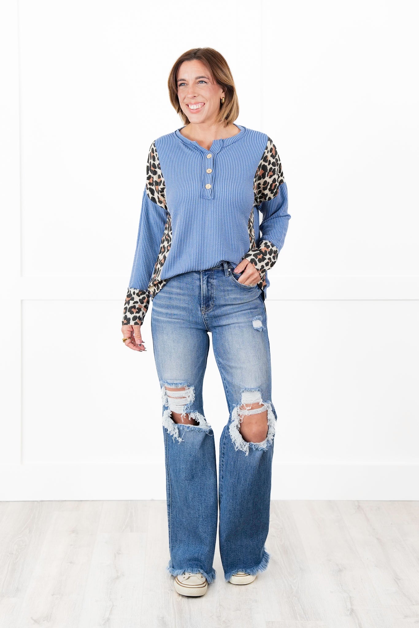 Plus/Reg Ribbed Long Sleeve Button Up Top with Leopard Detail