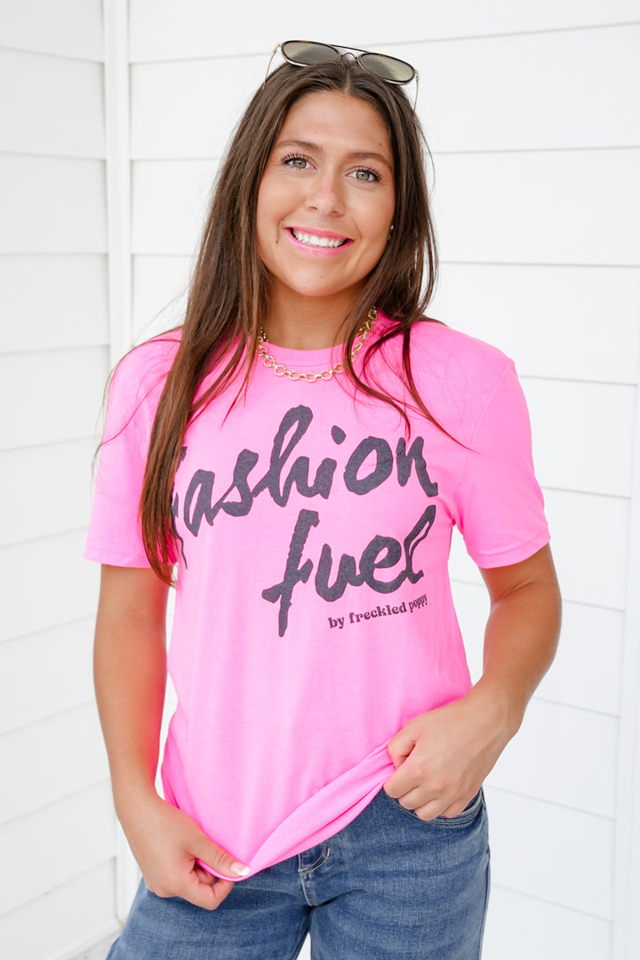 Plus/Reg Pink Short Sleeve "Fashion Fuel By Freckled Poppy" Graphic Tee
