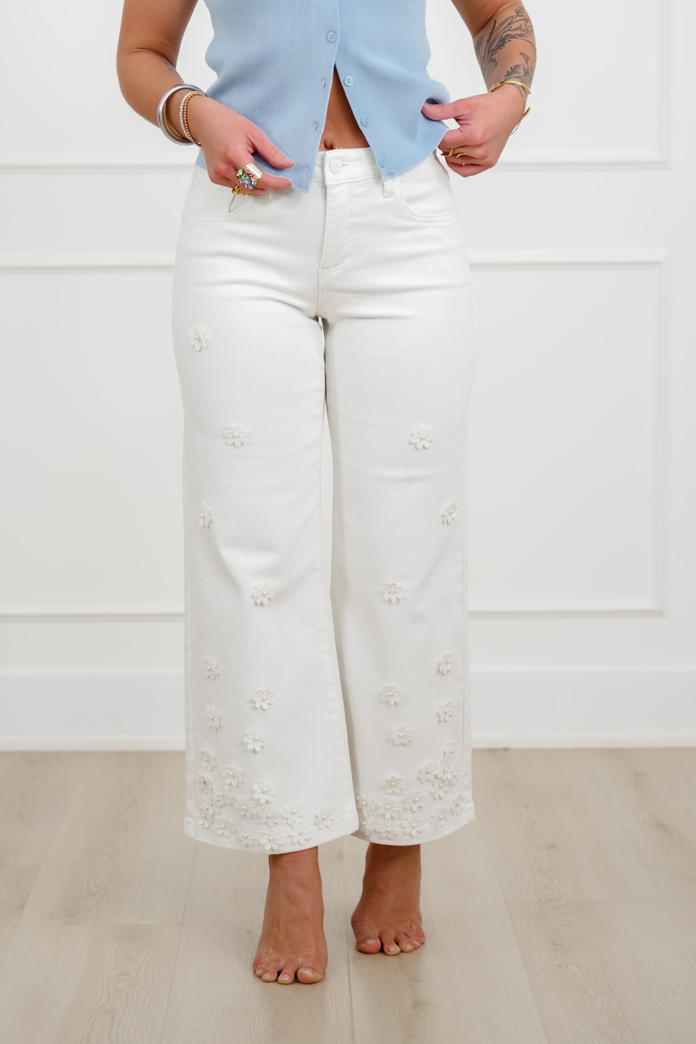 Risen Mid Rise Cream Tummy Control Wide Leg Jeans with Flowers