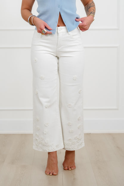 Risen Mid Rise Cream Tummy Control Wide Leg Jeans with Flowers