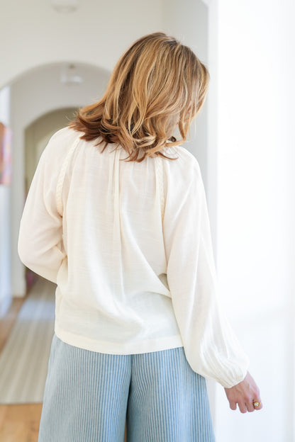Long Sleeve V Neck Top with Braided Trim