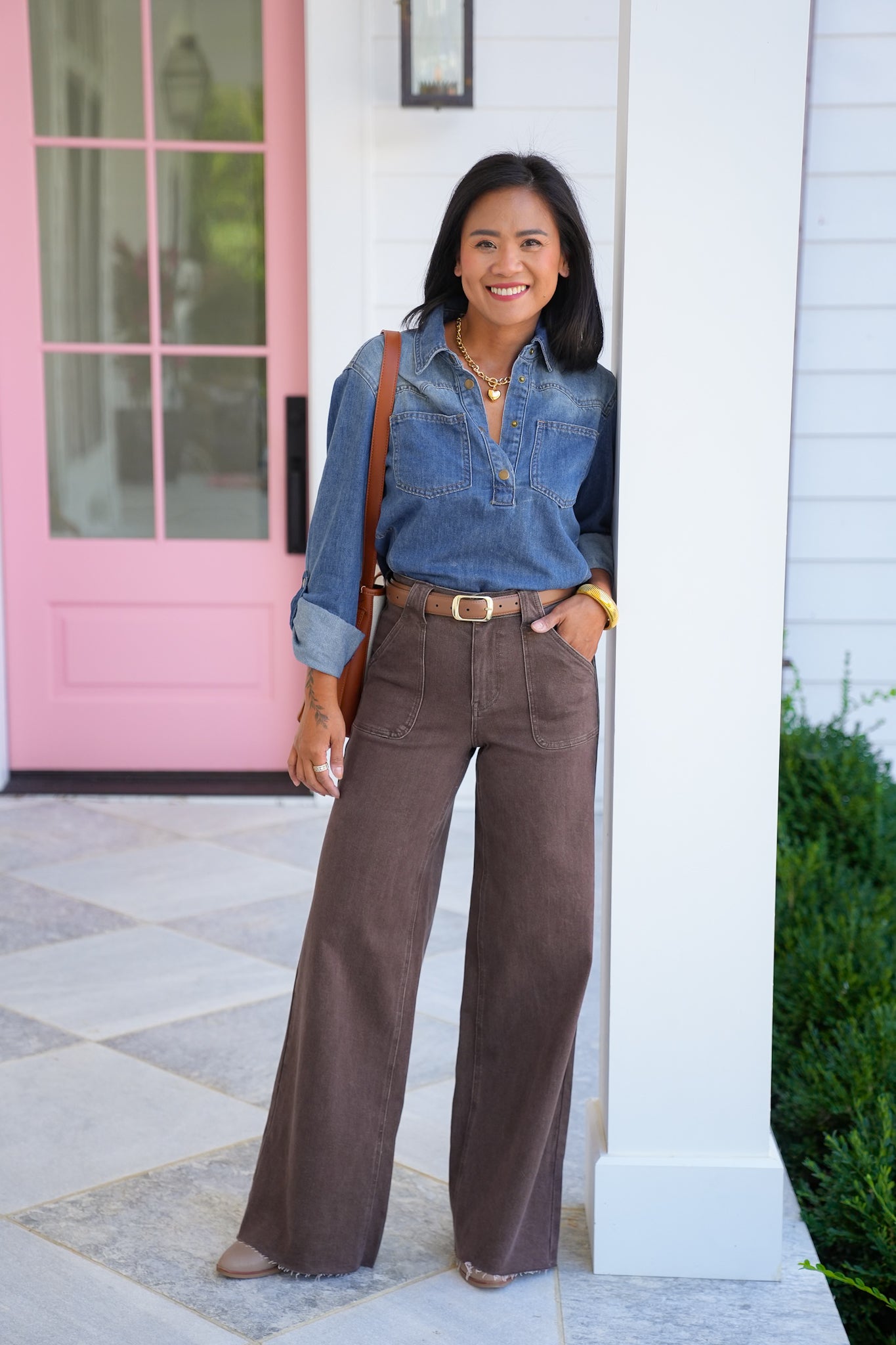 Judy Blue High Rise Brown Retro Wide Leg Jeans with Front Patch Pockets