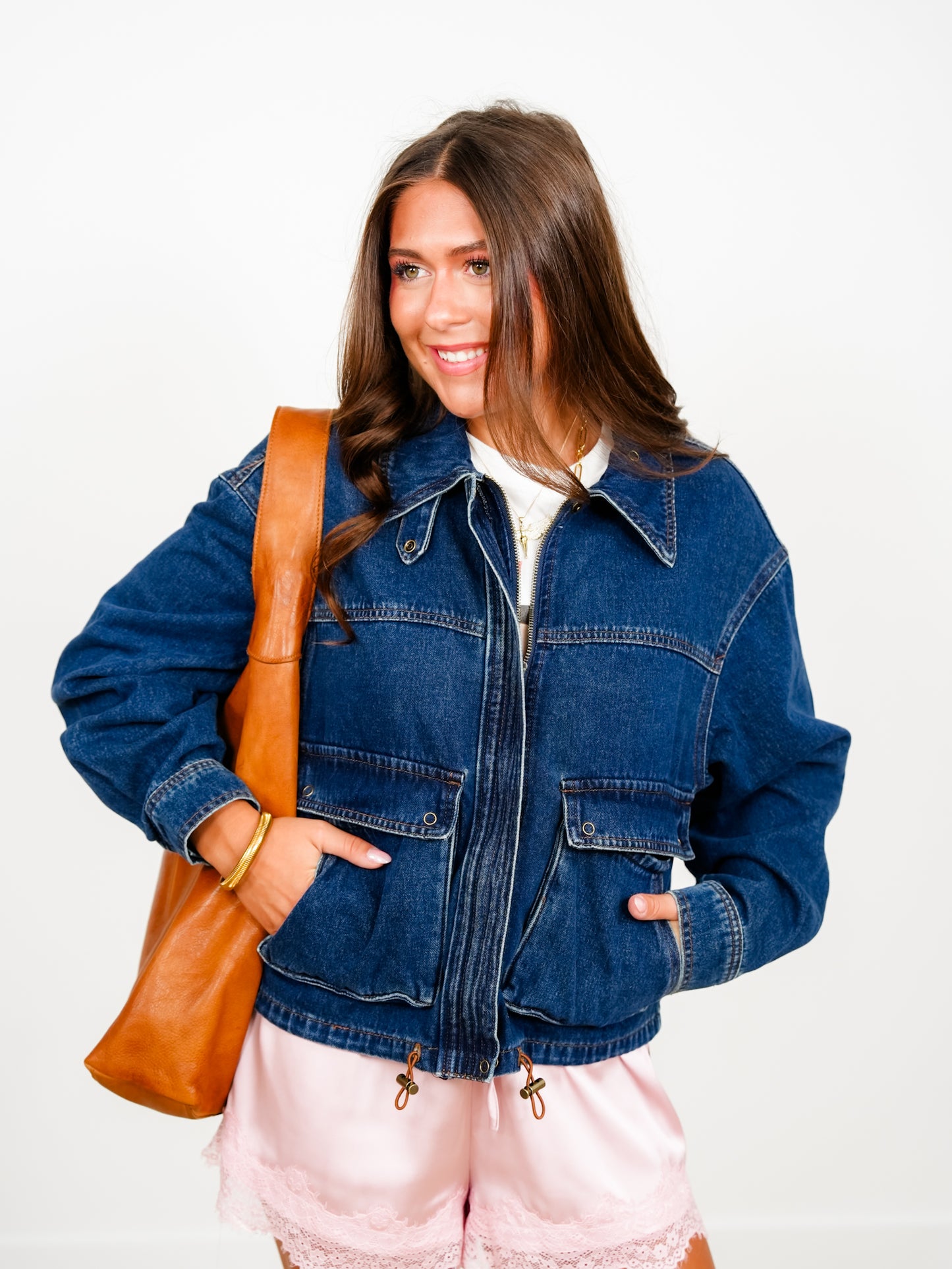 Dark Wash Long Sleeve Zip Up Utility Jacket