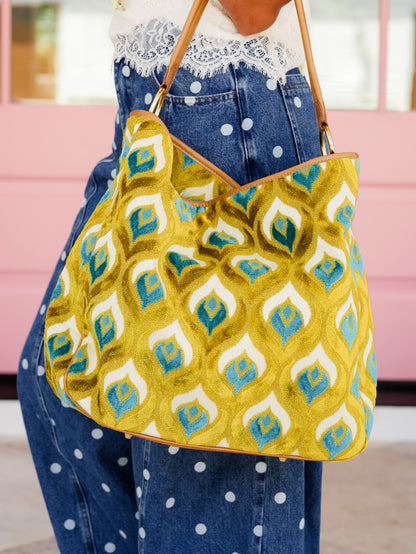 Chartreuse/Turquoise Chenille Peacock Tote Bag