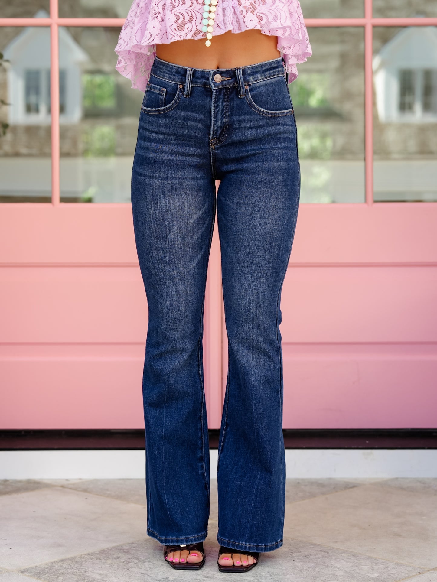 Risen High Rise Dark Wash Multi Inseam 4-Way Stretch Flare Jeans