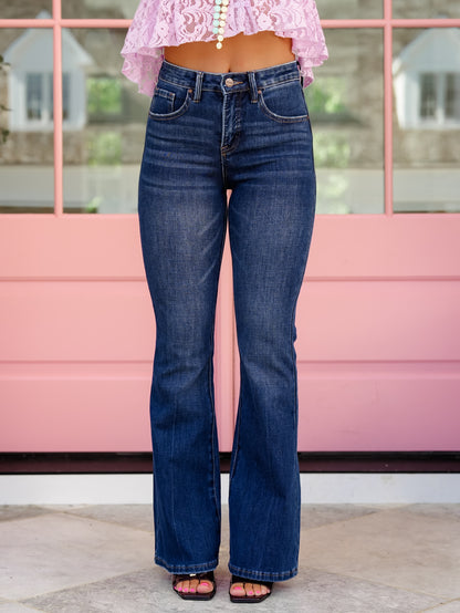 Risen High Rise Dark Wash Multi Inseam 4-Way Stretch Flare Jeans