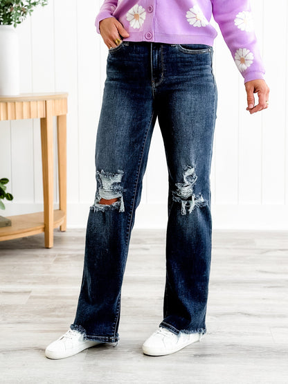 Judy Blue Jagged Little Pill High Rise Dark Wash 90's Destroyed Knee Straight Leg Jeans