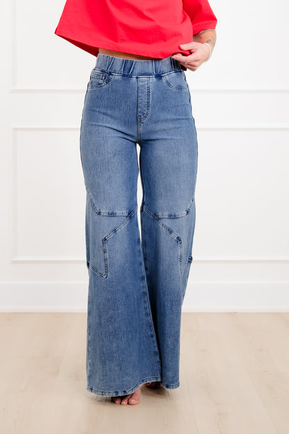 Plus/Reg Saige High Rise Medium Wash Pull On Star Wide Leg Knit Jeans