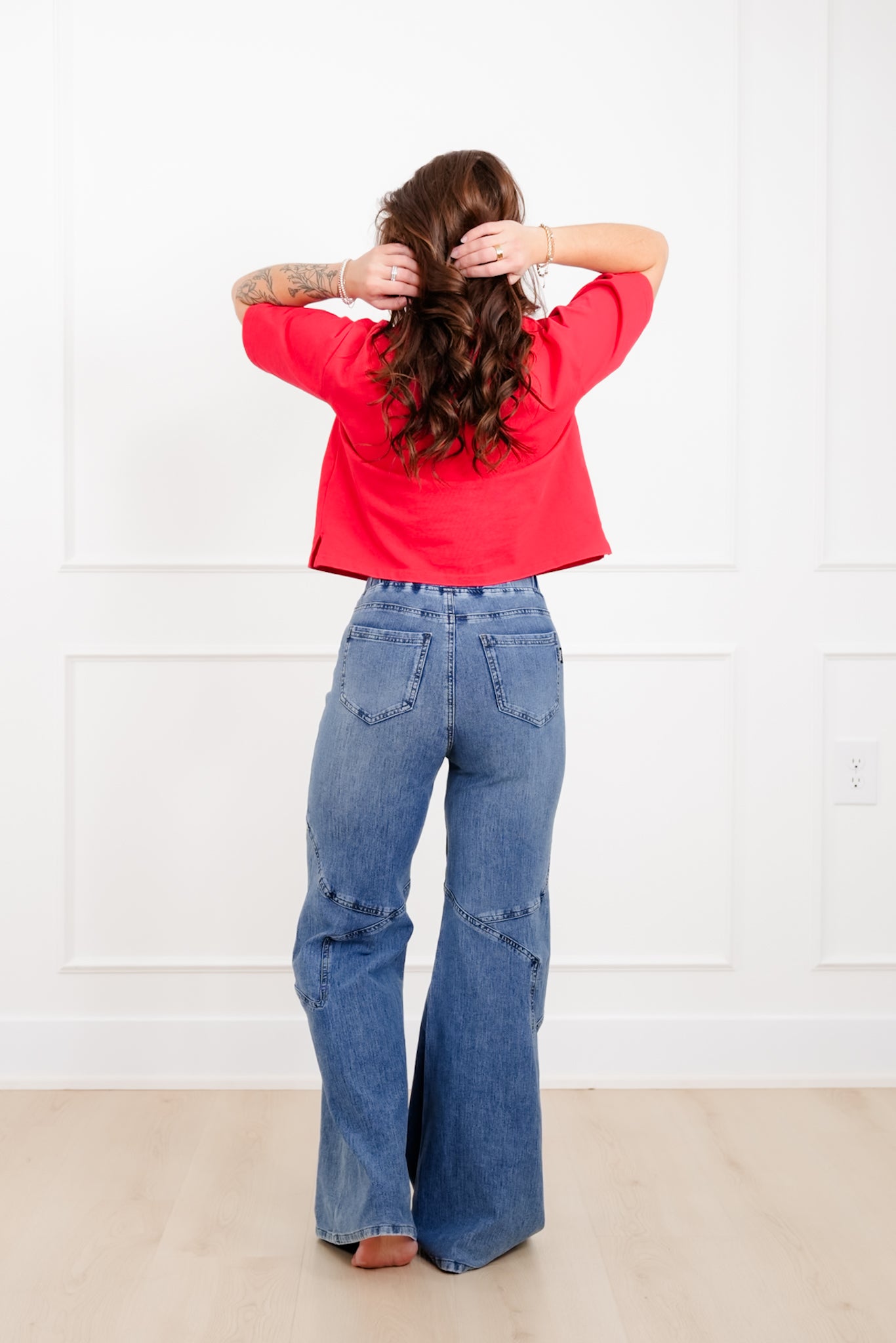 Plus/Reg Saige High Rise Medium Wash Pull On Star Wide Leg Knit Jeans