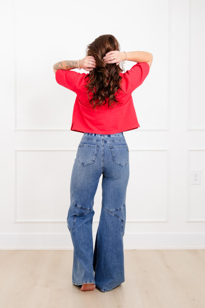 Plus/Reg Saige High Rise Medium Wash Pull On Star Wide Leg Knit Jeans