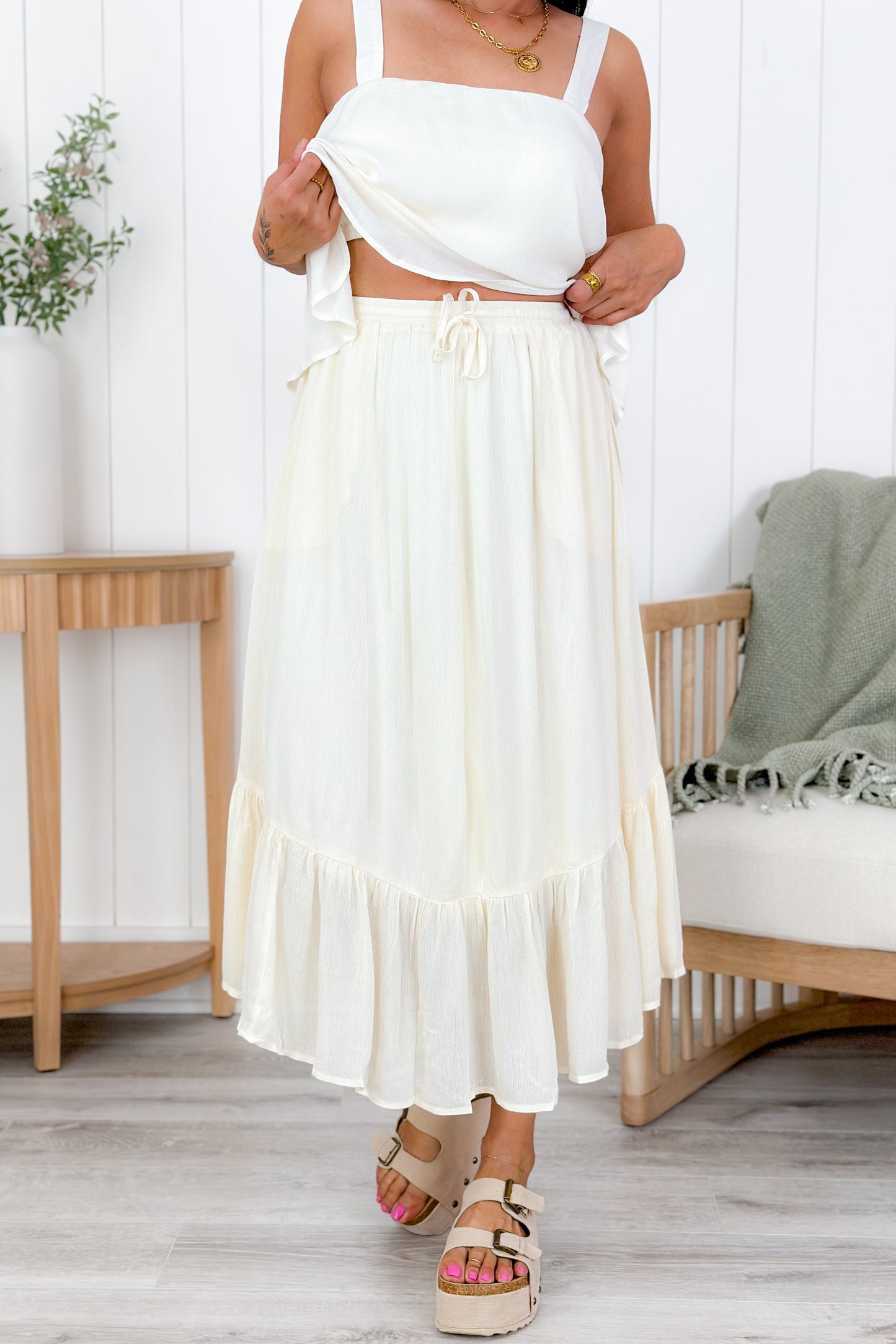 Solid Ruffle Hem Midi Skirt With Elastic Waistband (Multiple Colors)