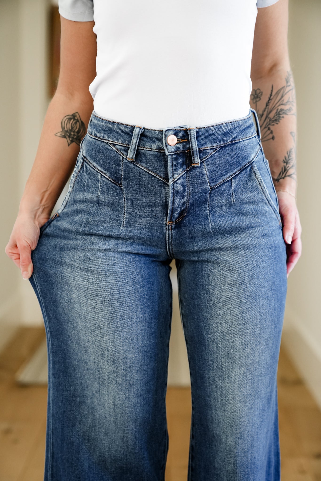 Risen High Rise Dark Wash Wide Leg Jeans with Front Yoke Seam