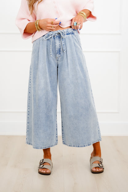 Risen High Rise Light Wash Cropped Wide Leg Tie Belted Jeans