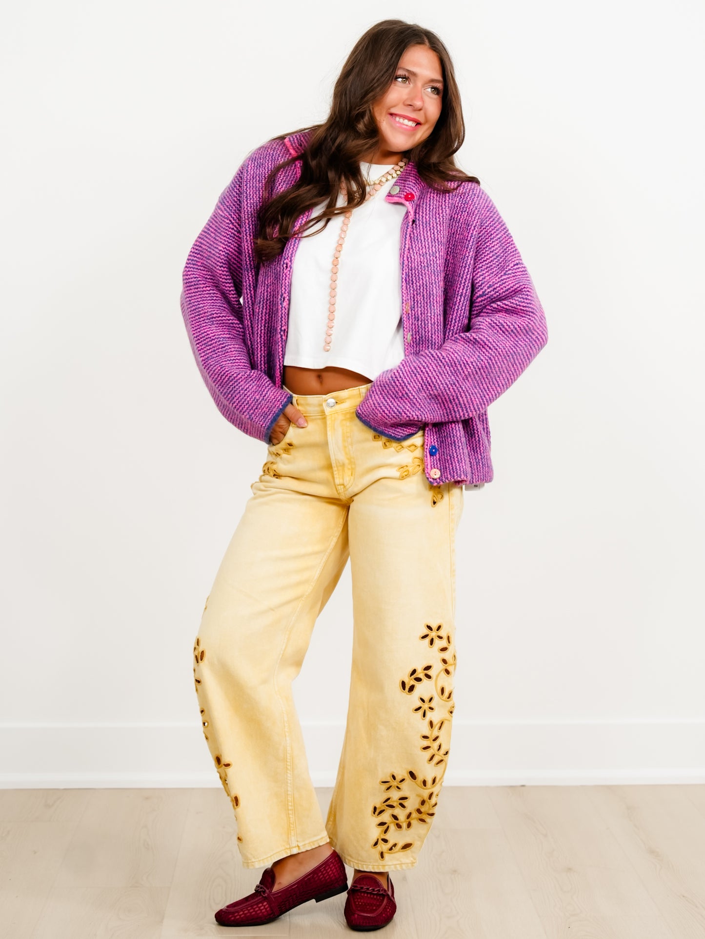 Striped Long Sleeve Mock Neck Sweater Cardigan With Colorful Buttons