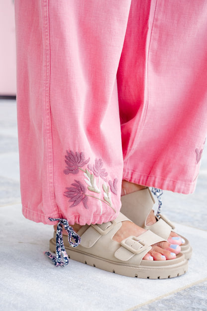 Coral Elastic Waist Jogger Pants with Floral Embroidery Detail