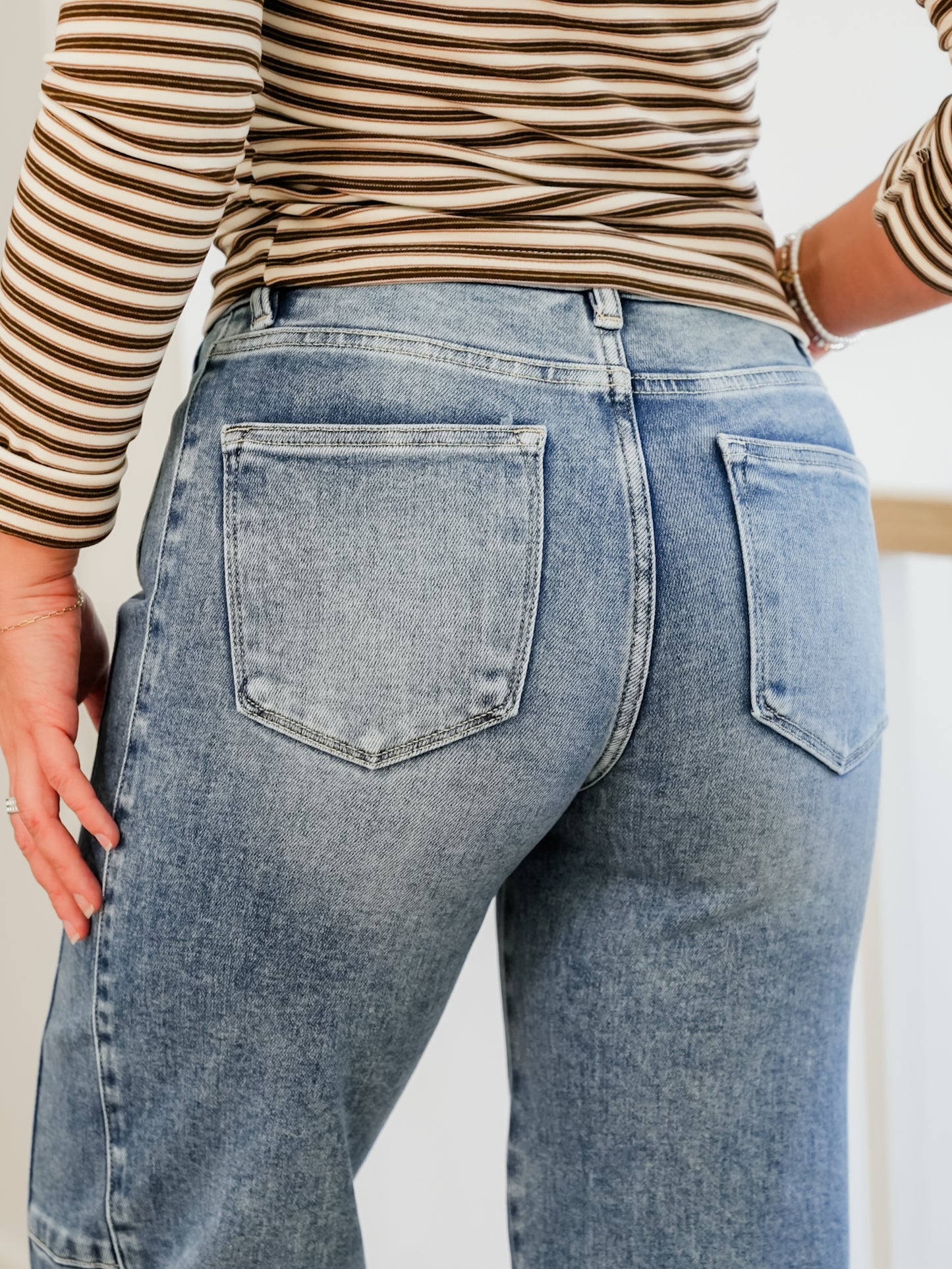 Risen High Rise Medium Wash Wide Leg Jeans With Contrast Side Panel