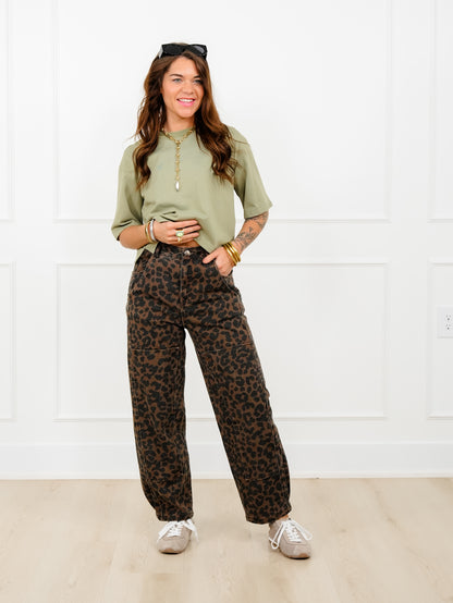 Leopard Print Twill Mid Rise Barrel Pants