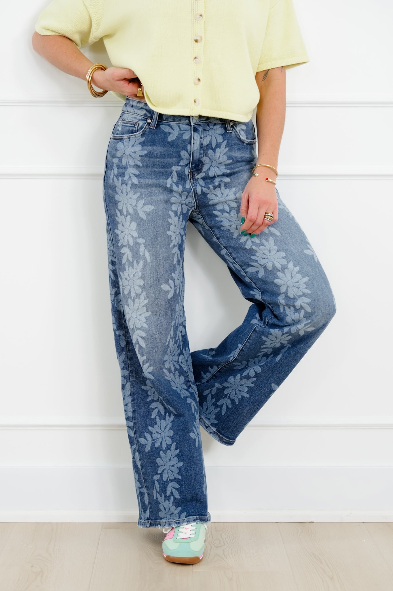 Daisy Print High Waist Wide Leg Jeans