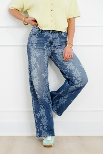 Daisy Print High Waist Wide Leg Jeans