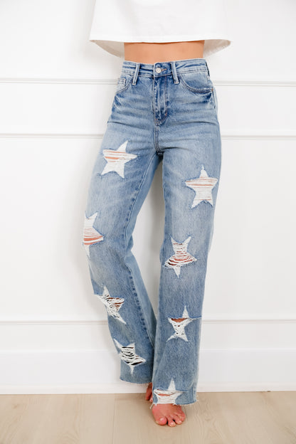 Judy Blue High Rise Medium Wash Star Shaped Distressing 90's Straight Leg Jeans