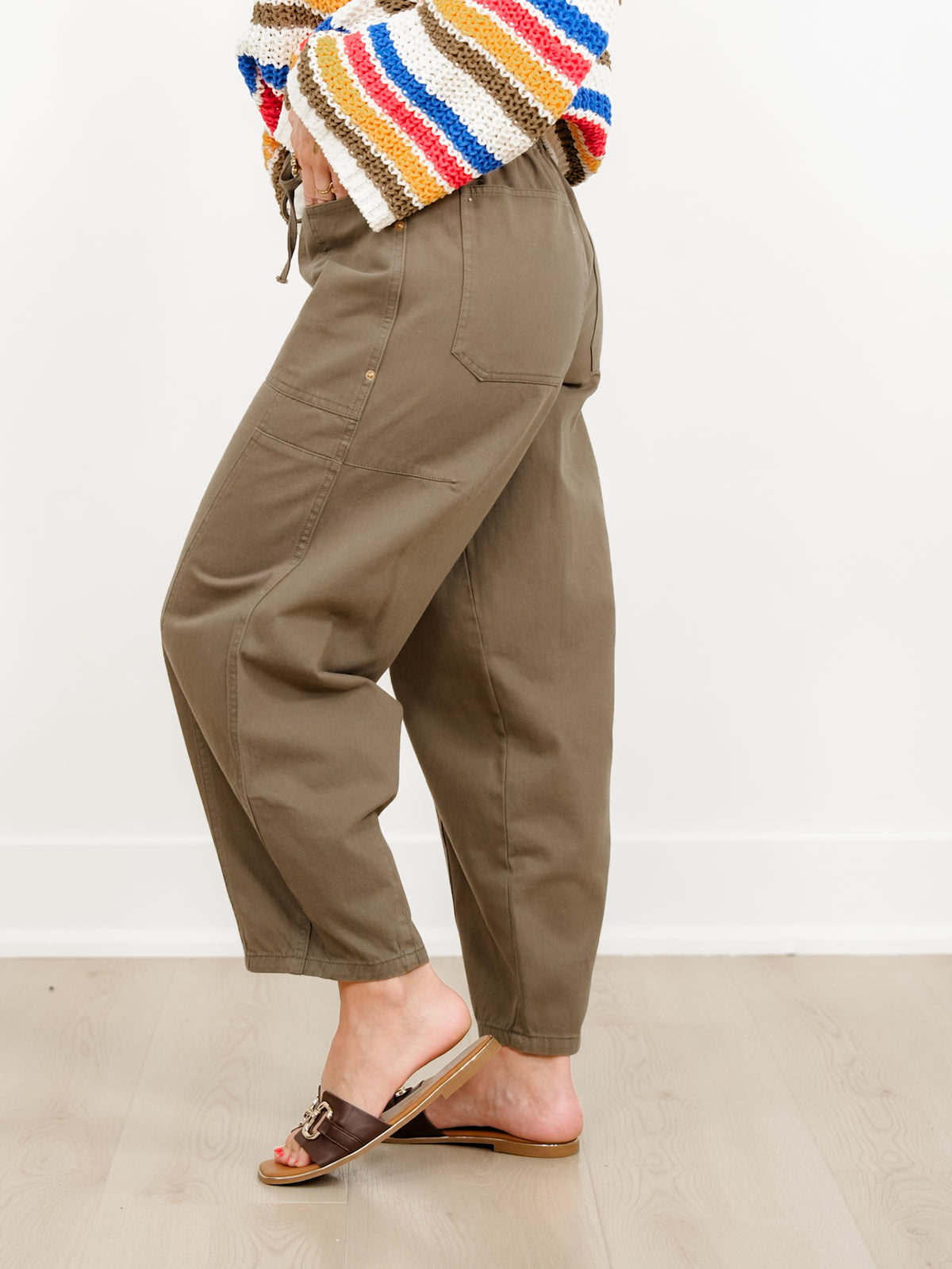 Olive Elastic Waist Barrel Leg Pants