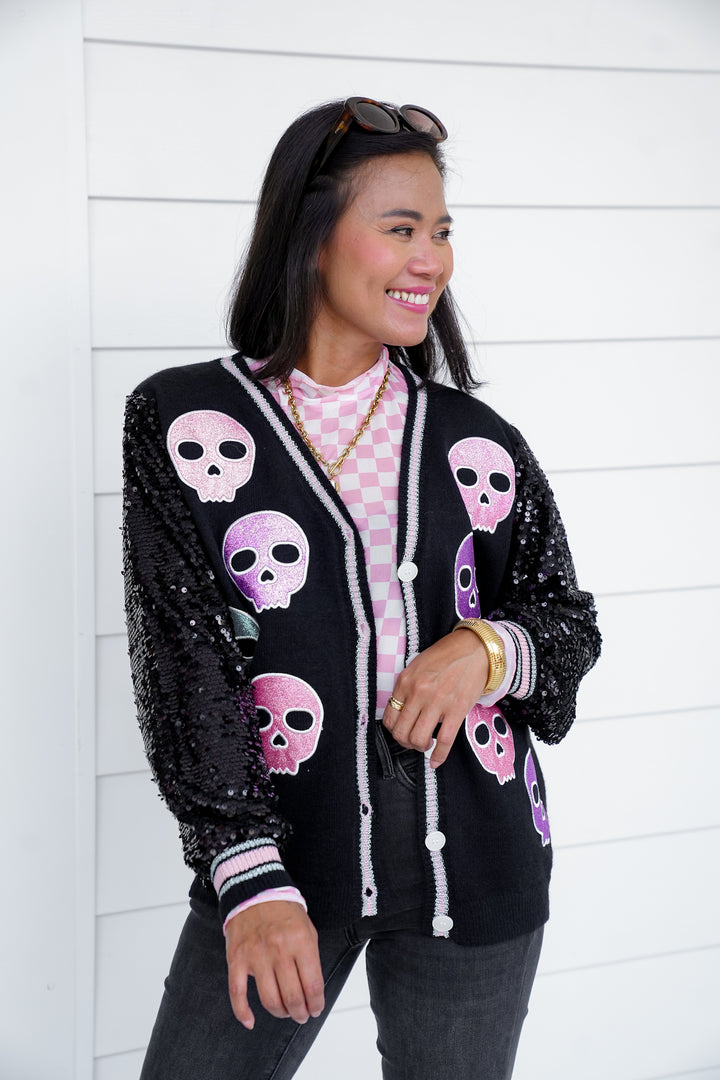 Plus/Reg Glitter Skulls Cardigan with Sequins