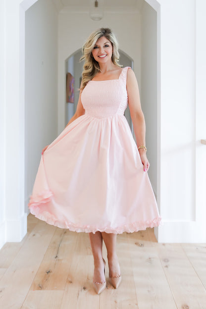 Sleeveless Smocked Midi Dress with Ruffle Hem