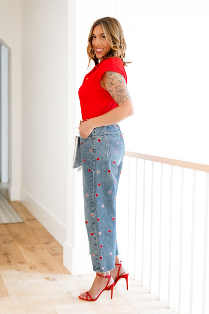 Medium Washed High Rise Embroidered Hearts Jeans