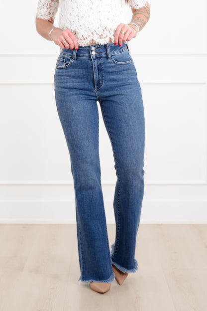 Judy Blue The Delilah High Rise Medium Wash Double Button Frayed Hem Bootcut Jeans