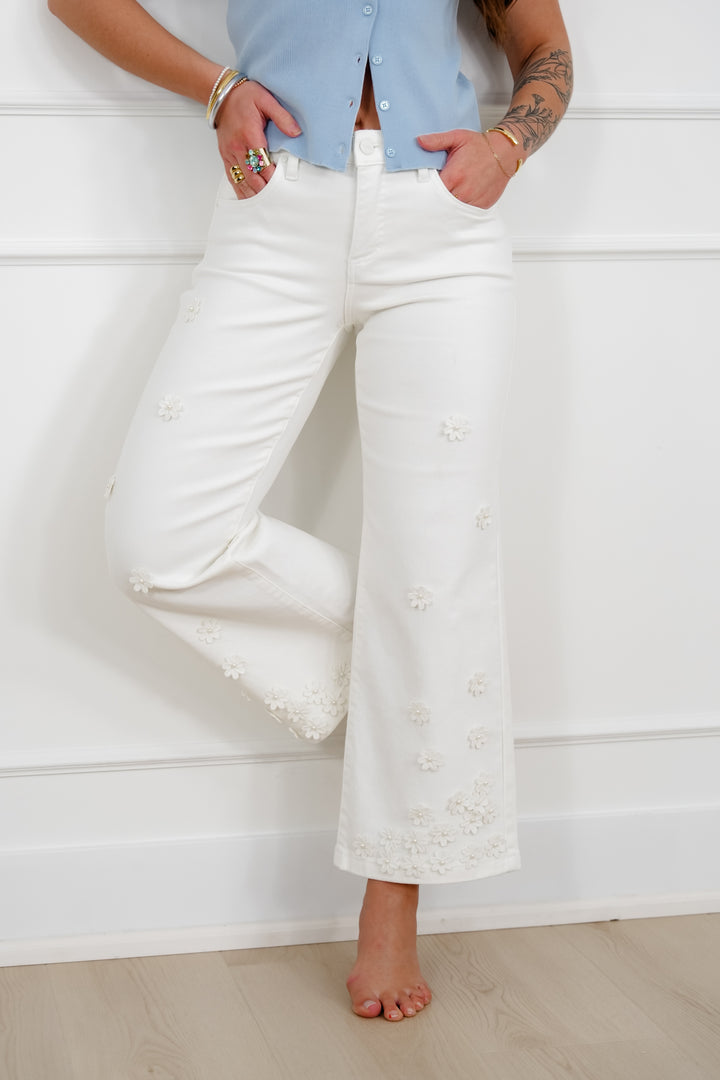 Risen Mid Rise Cream Tummy Control Wide Leg Jeans with Flowers