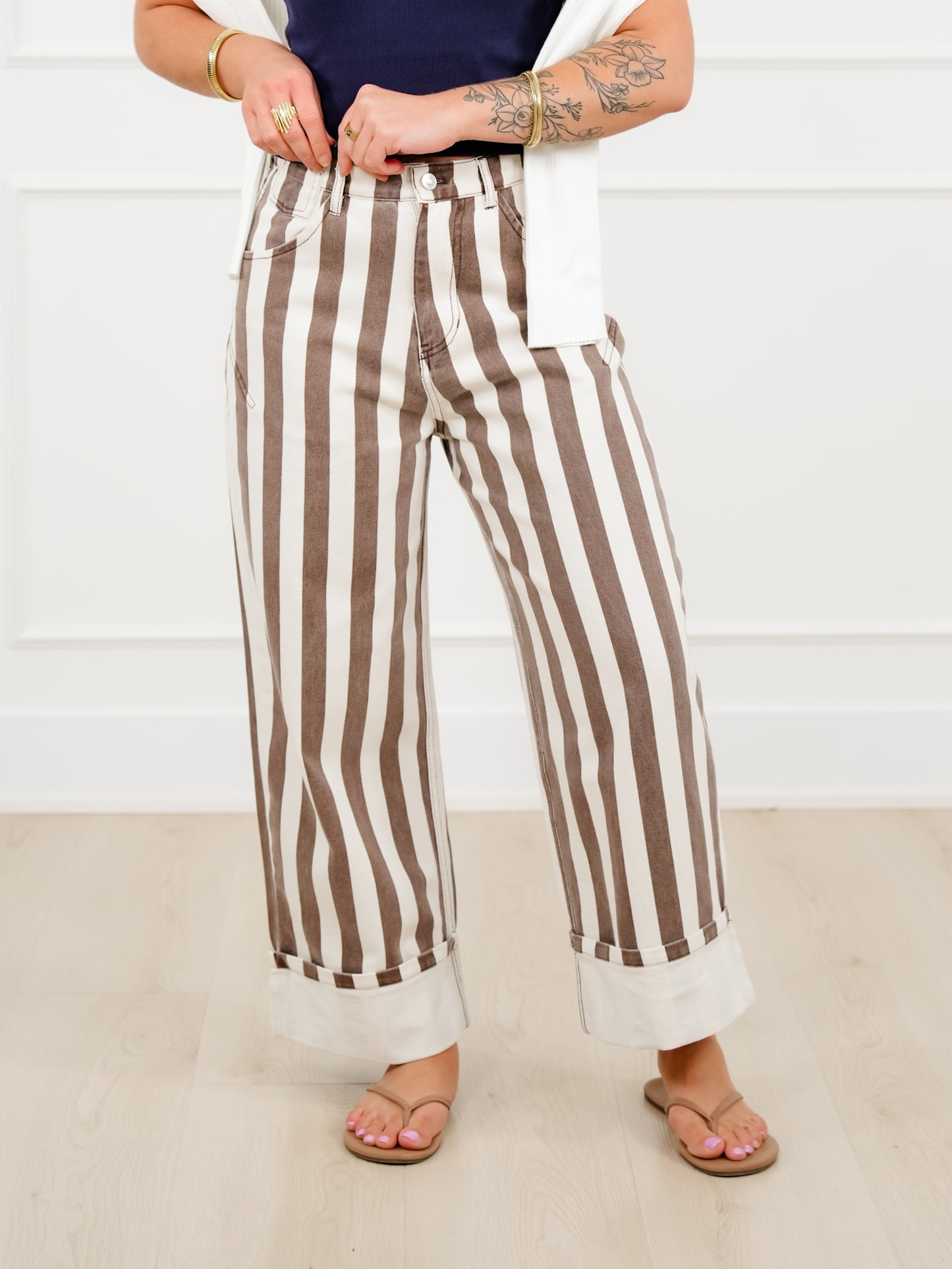 Stripe High Waist Cuffed Leg Barrel Pants