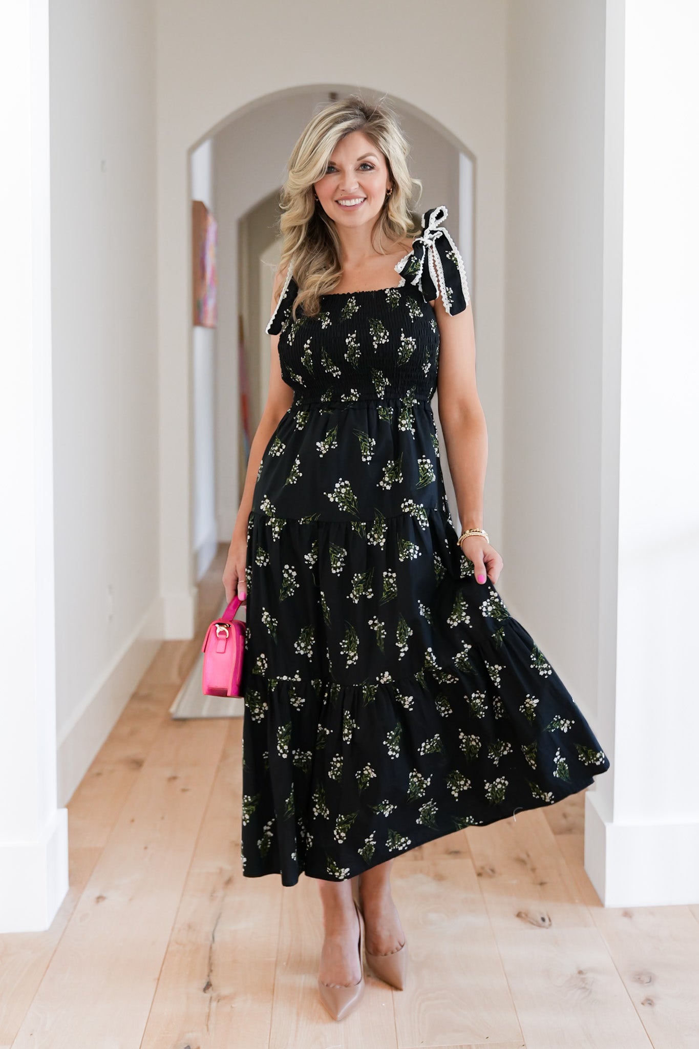 Floral Sleeveless Tie At The Shoulder Tiered Midi Dress