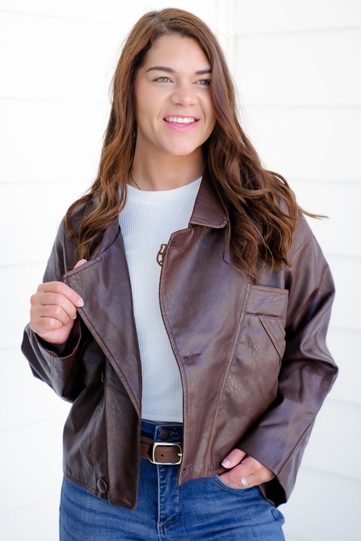 Washed Brown Vegan Leather Long Sleeve Jacket