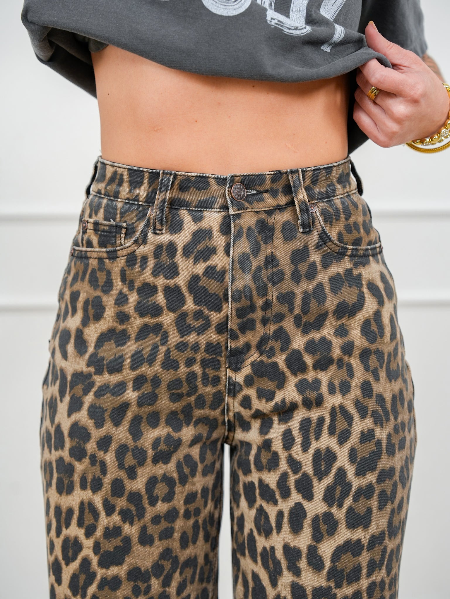Saige High Rise Leopard Tummy Control Elastic Waist Band Wide Leg