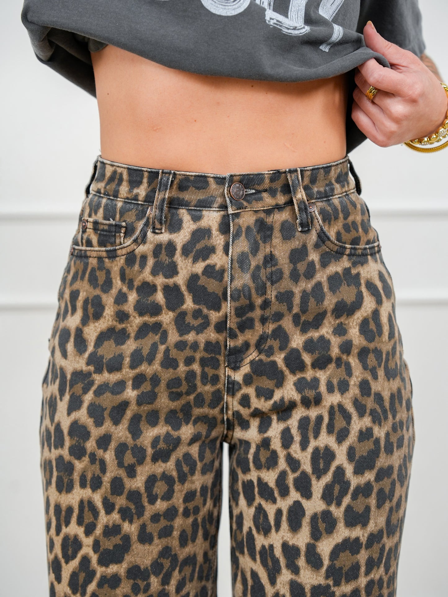 Saige High Rise Leopard Tummy Control Elastic Waist Band Wide Leg Jeans