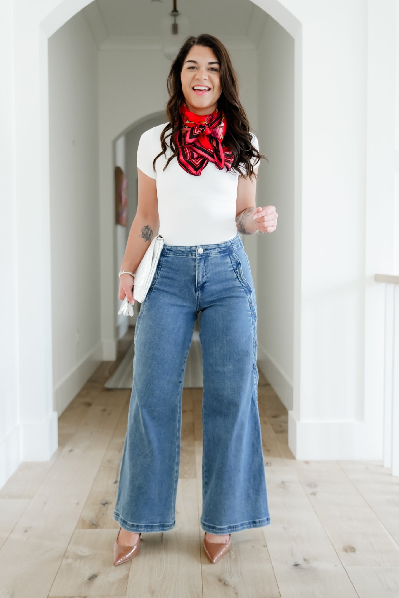 Risen High Rise Medium Wash Wide Leg Jeans with Scalloped Edge