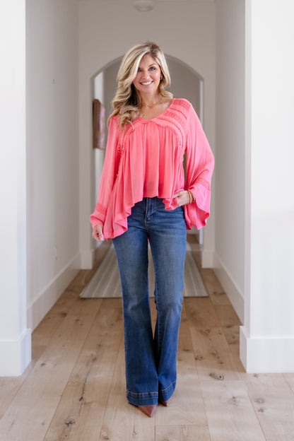 POL Solid Long Sleeve V Neck Ruffle Blouse