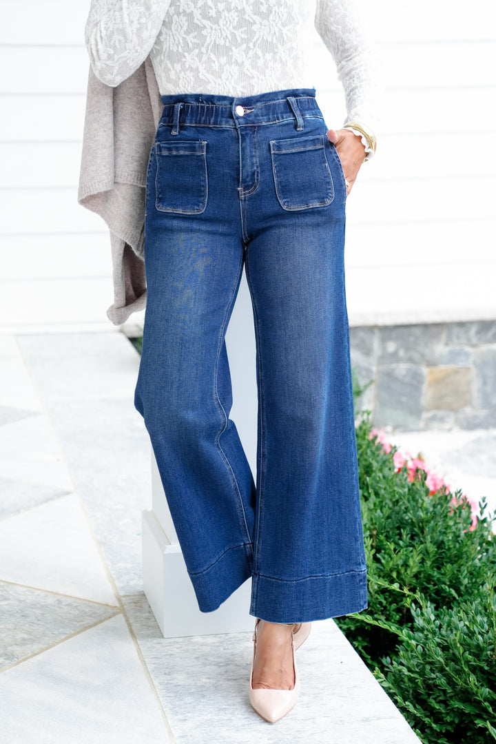 Risen High Rise Dark Wash Elastic Waistband Crop Wide Leg Jeans with Ruffle Band