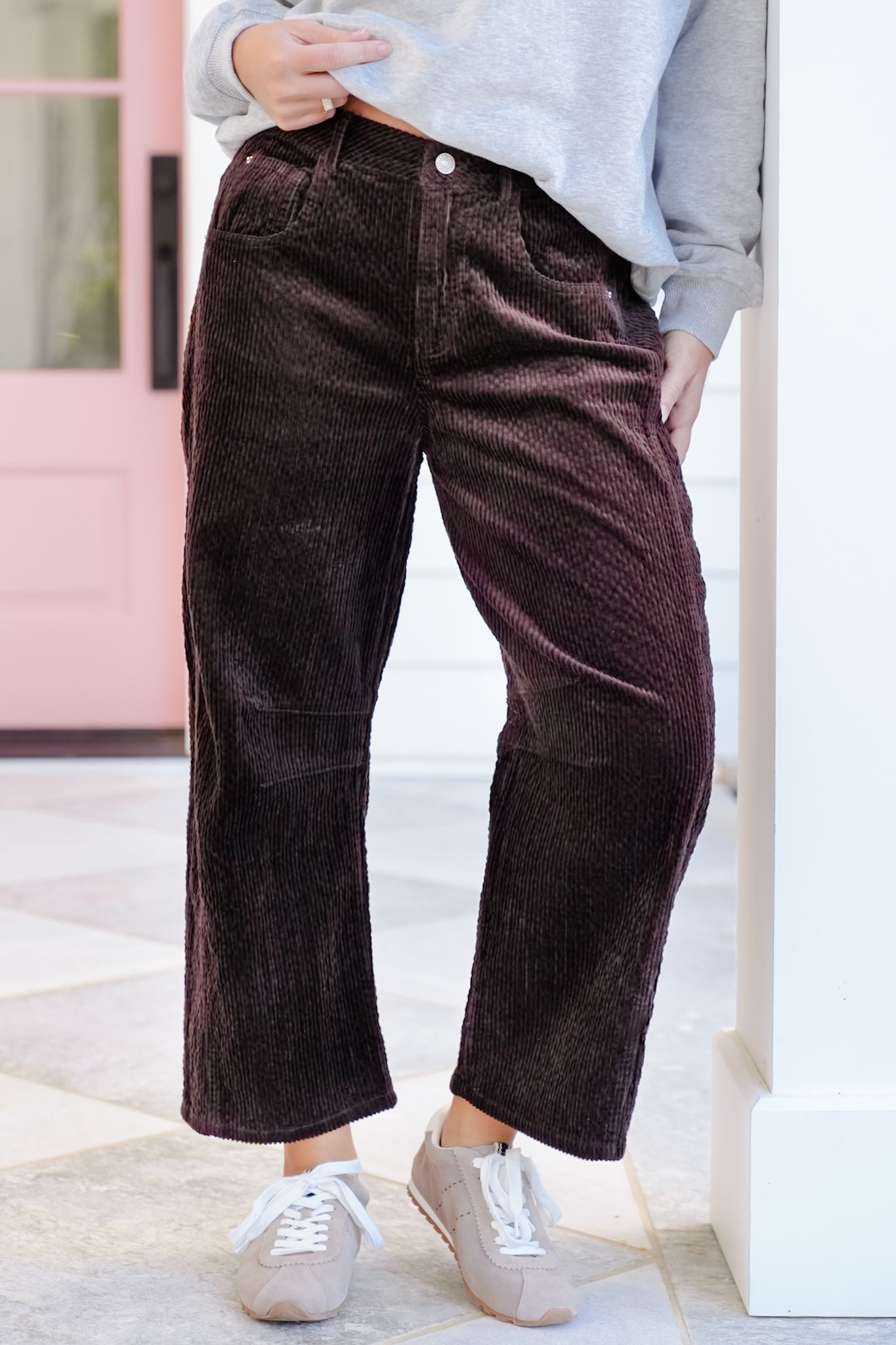 Plus/Reg Corduroy High Waist Barrel Leg Pants