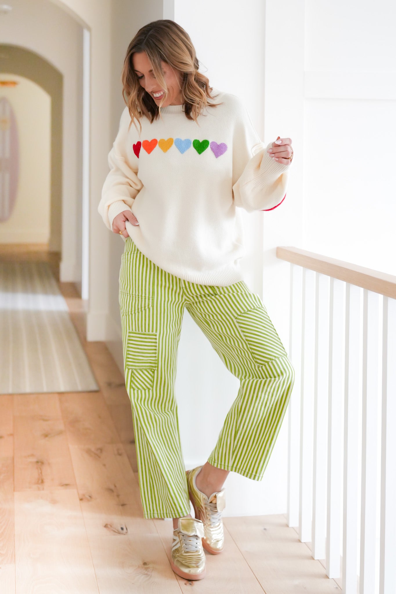 Rainbow Heart Patch Long Sleeve Pullover Sweater