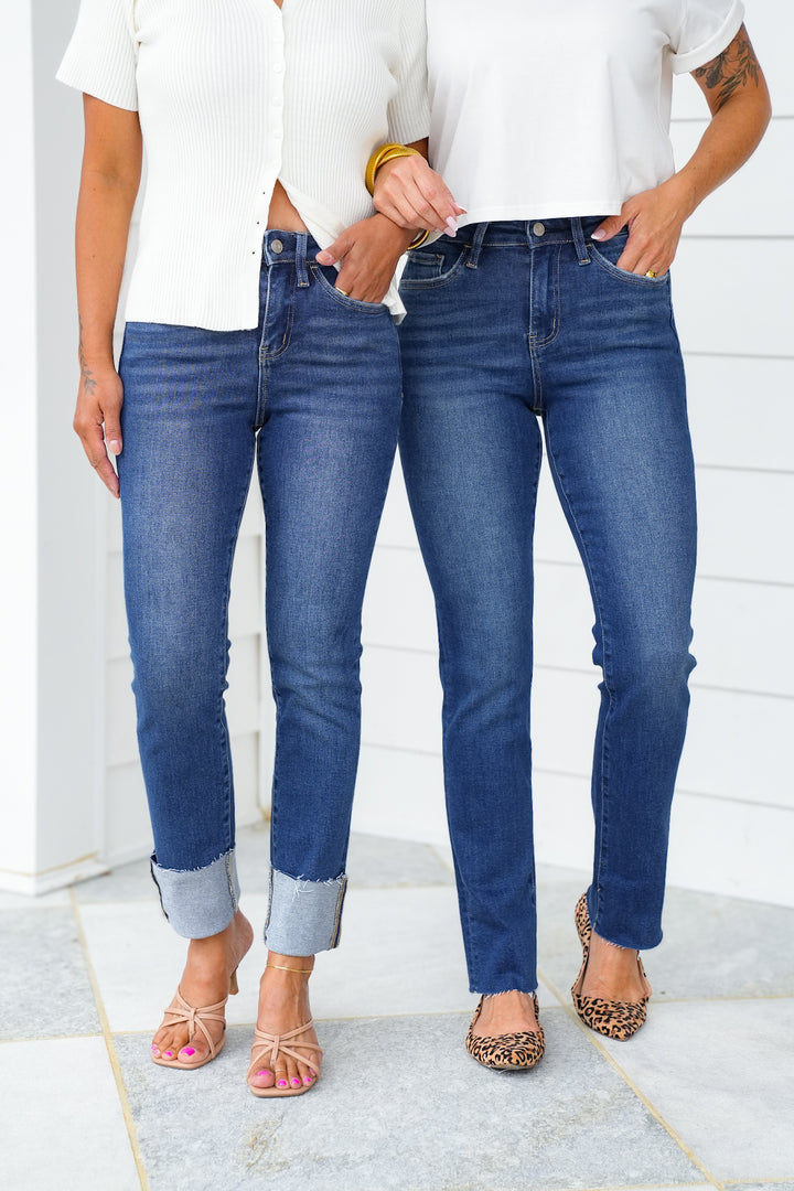 Lovervet High Rise Dark Wash Cuffed Slim Straight Leg Jeans