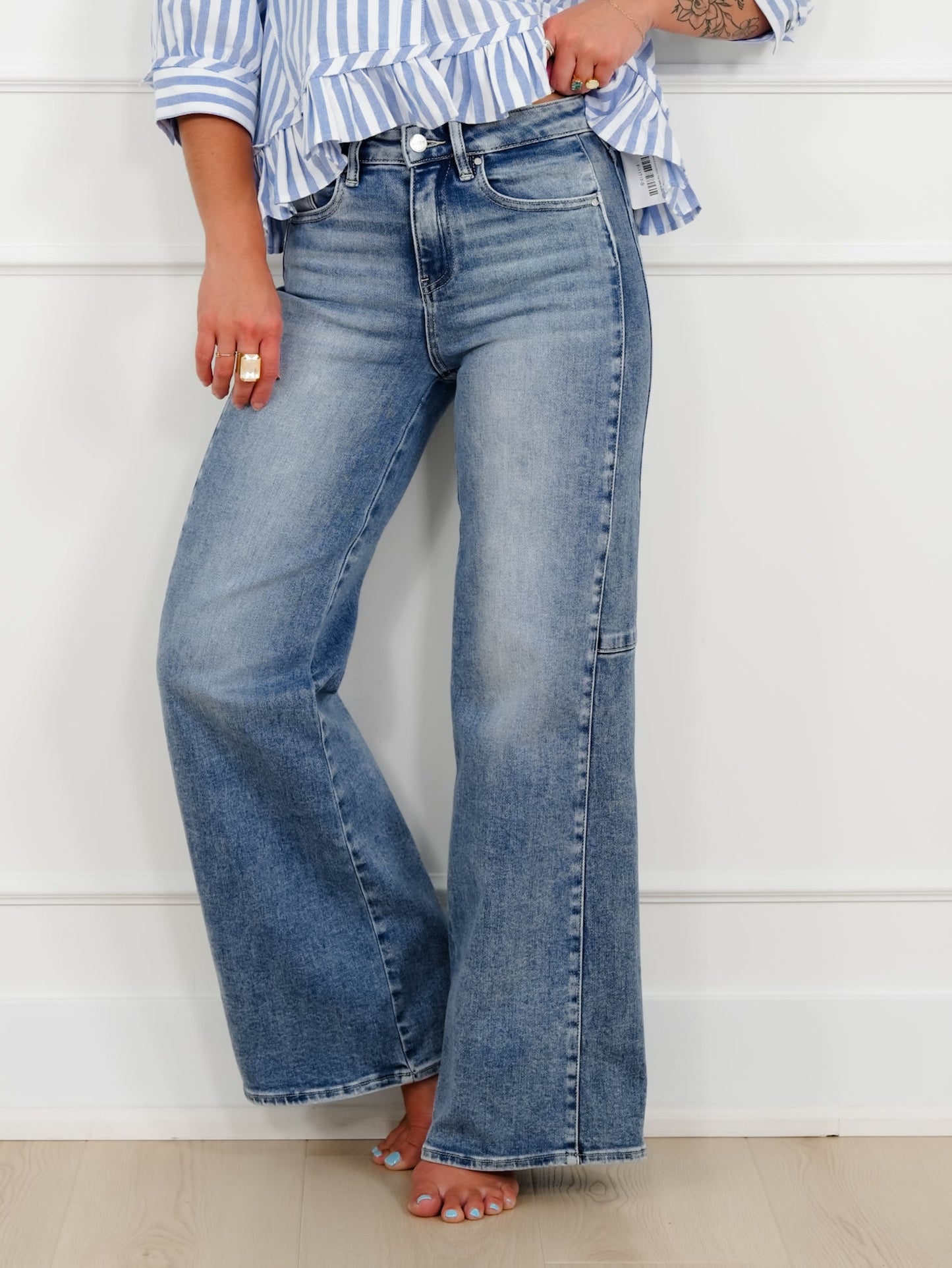 Risen High Rise Medium Wash Wide Leg Jeans with Contrast Side Panel