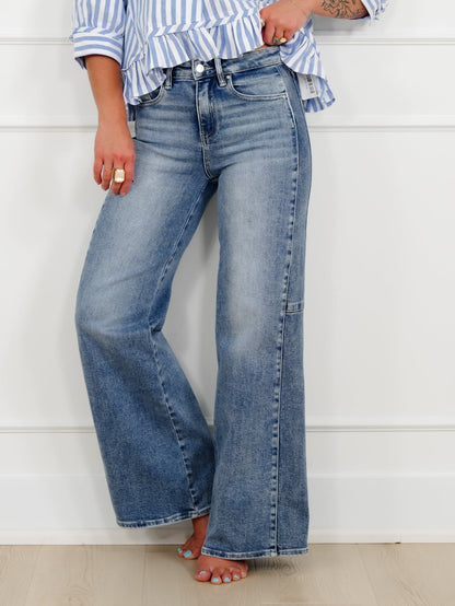 Risen High Rise Medium Wash Wide Leg Jeans with Contrast Side Panel