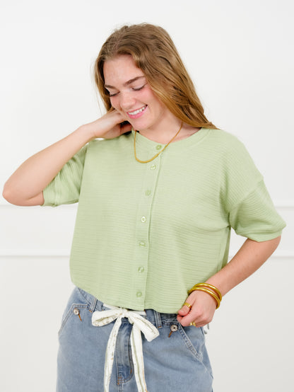 Textured Knit Short Sleeve Button Down Cardigan