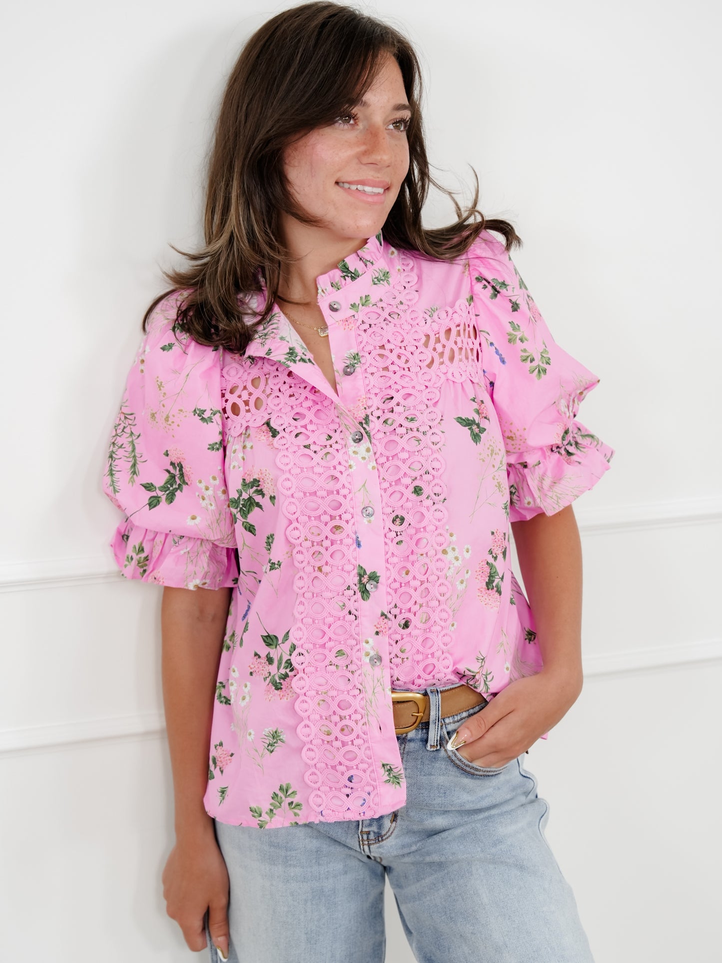 Floral Short Puff Sleeve Button Down Top with Lace Trim