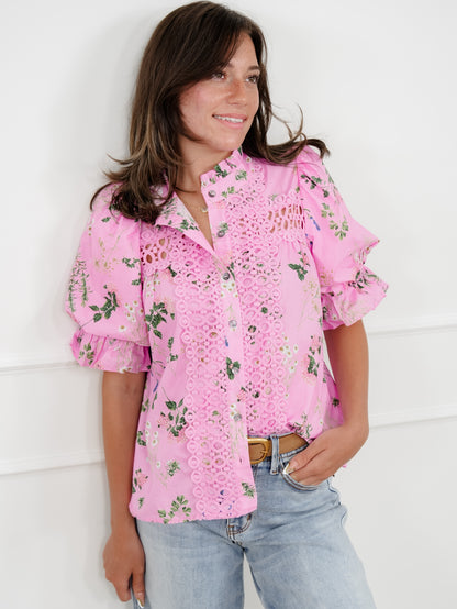 Floral Short Puff Sleeve Button Down Top with Lace Trim